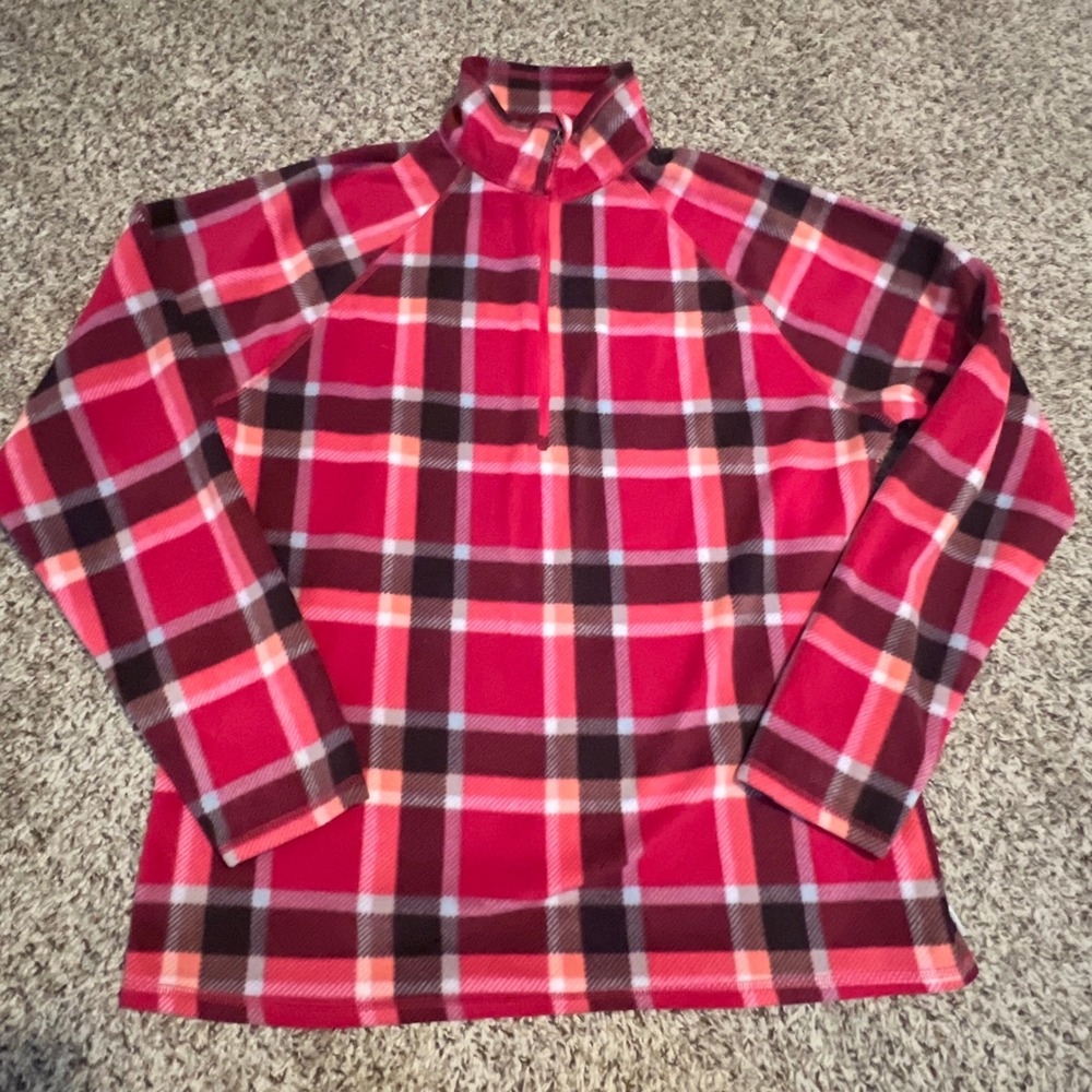 Eddie Bauer Womens Red Plaid Fleece Quarter Zip Pullover Mock Neck Large